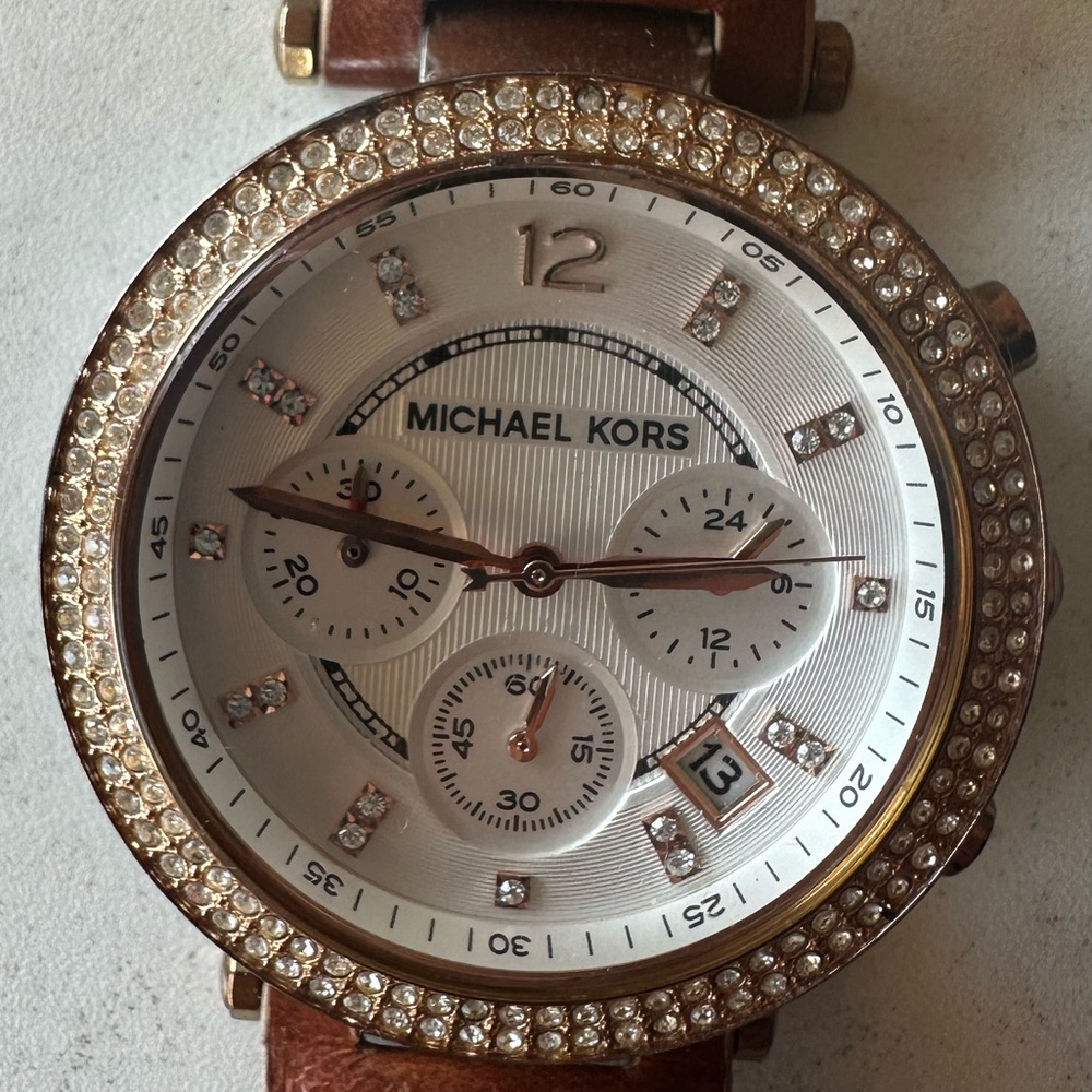 Michael Kors Parker Chronograph Tan Leather Watch - small womens (rose gold)